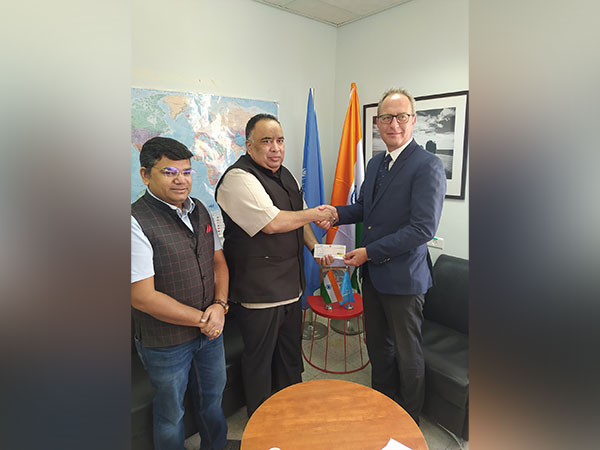 Director n MEA, Sunil Kumar with UNRWA Partnership Director of External Relations Karim Amer and MEA Under-Secretary for West Asia and North Africa Harish Kumar (Photo: Twitter)