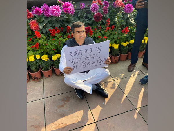 BJP MP Parvesh Verma sitting in front of the Gandhi statue in Parliament. /Photo - ANI