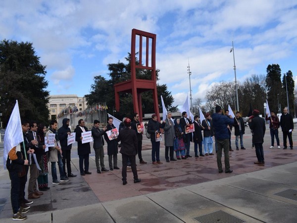Members of Pashtun community from Pakistan condemn the terror operating camps in parts of Khyer Pakhtunkhwa and FATA areas during an event in Geneva, Switzerland