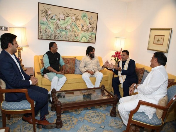 JSP chief Pawan Kalyan and party leader Nadendla Manohar, BJP MP Tejasvi Surya with Union Minister and BJP's Andhra Pradesh in-charge V Murleedharan and co-in charge Sunil Deodhar on Monday. Photo/ANI