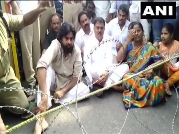 Jana Sena Party leader Pawan Kalyan joined the protest of farmers in Amaravati capital region against YSRCP government's three-capital proposal. Photo/ANI