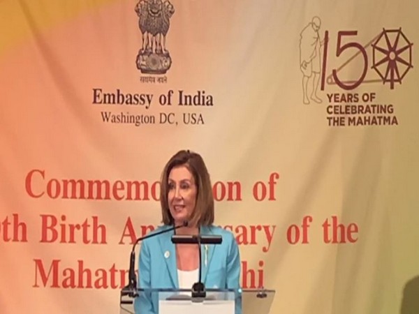 Speaker of the US House of Representatives Nancy Pelosi addressing an event marking the 150th birth anniversary of Mahatma Gandhi in Washington DC on Wednesday. (Photo/ANI)