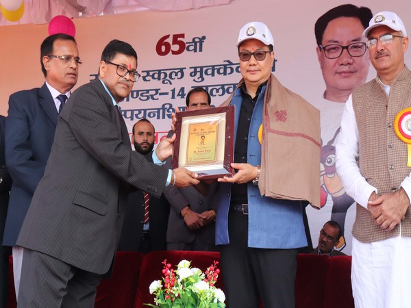 Union Minister for Youth Affairs and Sports Kiren Rijiju being felicitated at a function in Karnal, Haryana, on Friday. Photo/ANI