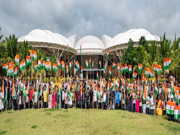 Youth waving the Indian national flag at Kanha Shanti Vanam in Hyderabad (Photo/ANI)