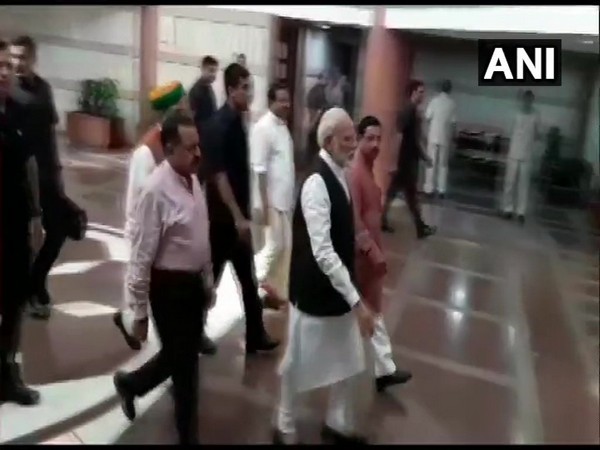 Prime Minister Narendra Modi arrives for BJP Parliamentary Party meeting at Parliament Library Building.