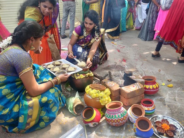 Students wearing traditional attire, make dishes during Pongal celebration in Dr MGR Janaki College for Women in Chennai on Monday Photo/ANI