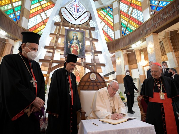 Pope Francis met bishops, priests, seminarians and catechists at the Syro-Catholic Cathedral of 'Our Lady of Salvation' in Baghdad. (Photo credit: Reuters)