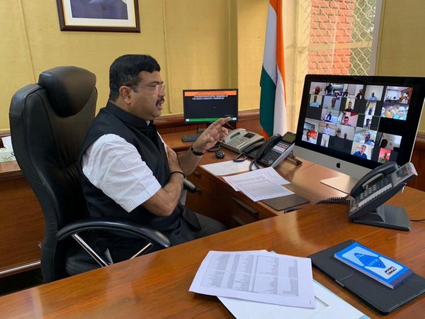 Minister of Petroleum and Natural Gas Dharmendra Pradhan conducting a video conference with OMCs on Friday.