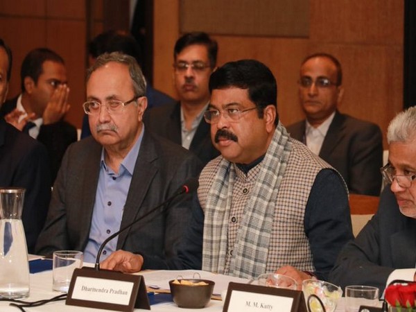 Union Petroleum and Natural Gas Minister Dharmendra Pradhan with a Qatari ministerial delegation in New Delhi on Monday.