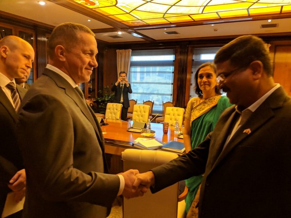 Union Minister Dharmendra Pradhan meets Russian Deputy Prime Minister Yury P Trutnev in Moscow on Thursday. (Photo Credit: India in Russia Twitter)