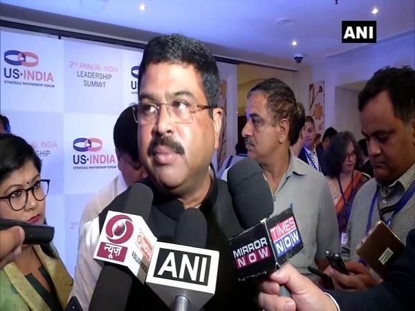 Union Minister Dharmendra Pradhan speaking to reporters in New Delhi on Monday.
