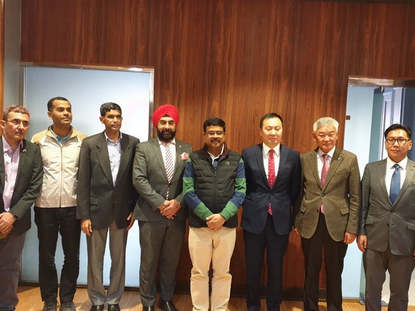 Union Minister Dharmendra Pradhan with Minister of Mining and Heavy Industry of Mongolia, Nandinjargal Ganbold in Ulaanbaatar on Monday. Photo/Twitter