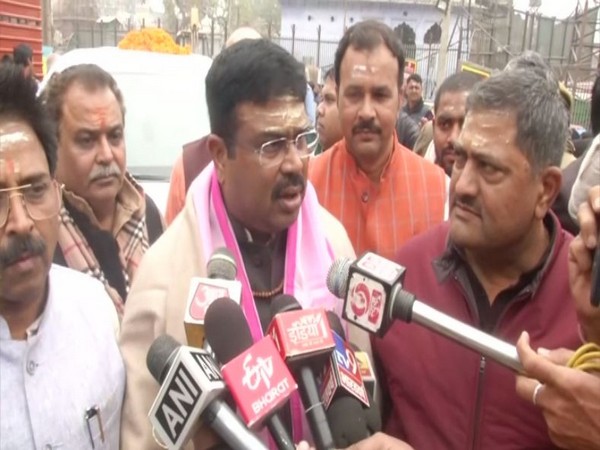Union Minister of Petroleum & Natural Gas Dharmendra Pradhan speaking to reporters in Varanasi on Sunday. Photo/ANI