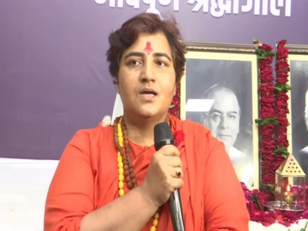 BJP MP Pragya Thakur speaking at a condolence event in Bhopal on Monday (Photo/ANI)