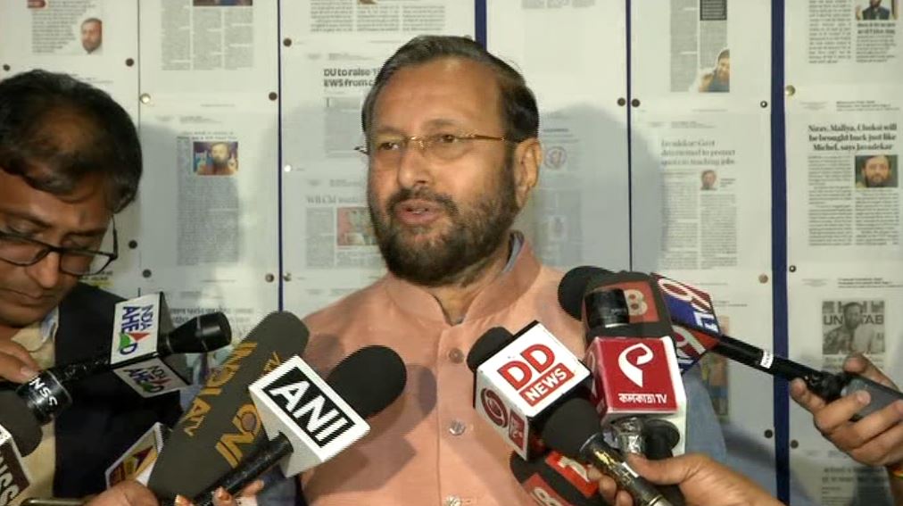 Union Minister Prakash Javadekar speaking to reporters in New Delhi on Tuesday. Photo/ANI