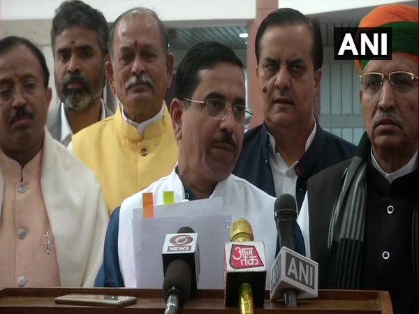 Parliamentary Affairs Minister Pralhad Joshi speaking to reporters after BJP parliamentary party meeting at Parliament Library on Wednesday.