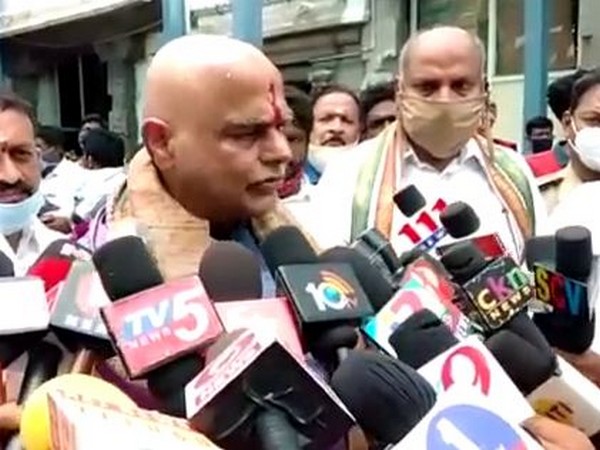 Andhra Pradesh Assembly speaker Tammineni Sitaram talking to reporters on Saturday.