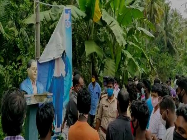 Crowd gathered in East Godavri district after unidentified miscreants vandalised the statue of Dr BR Ambedkar. (Photo/ANI)