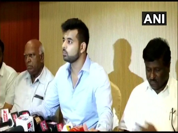 JD(S) leader and newly elected MP Prajwal Revanna speaking at a press conference in Bengaluru on Friday. Photo/ANI