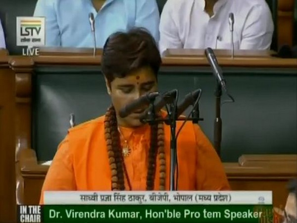 BJP MP Pragya Singh Thakur taking oath at Lok Sabha on Monday. Photo/LSTV