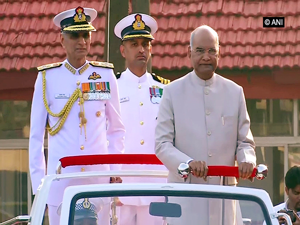 President Ram Nath Kovind taking the Guard of Honour comprising 130 officers and 630 sailors of the Indian Navy in New Delhi on Thursday. Photo/ANI