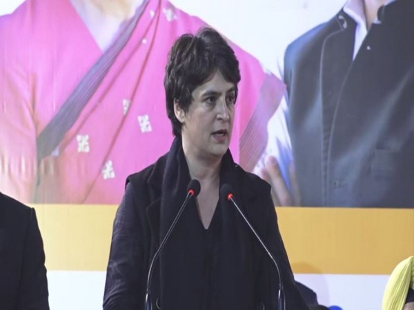 Congress leader Priyanka Gandhi Vadra speaking at a public meeting in New Delhi on Wednesday. Photo/ANI