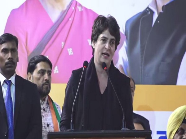 Congress leader Priyanka Gandhi Vadra speaking at a public meeting in New Delhi on Wednesday. Photo/ANI