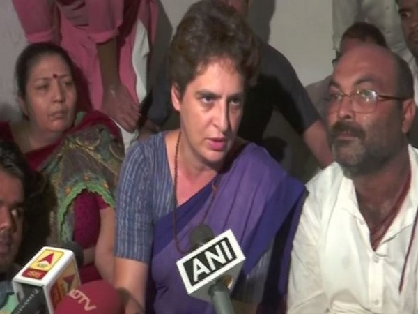 Congress leader Priyanka Gandhi talking to reporters at the Guest House on Friday. Photo/ANI