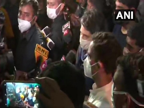 Congress leader Priyanka Gandhi Vadra speaking to reporters in Hathras on Saturday. Photo/ANI