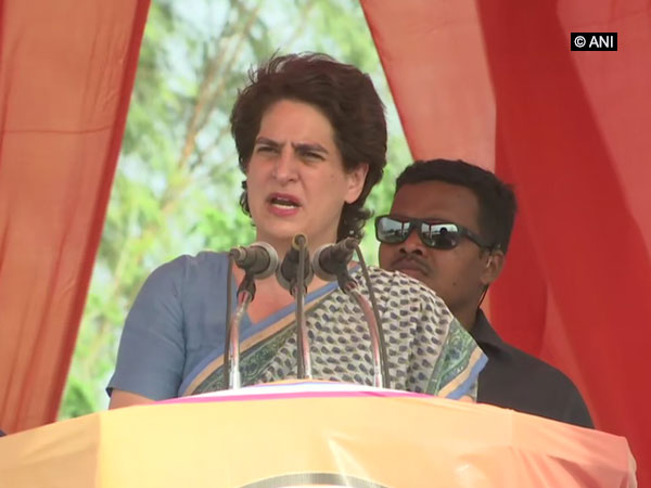 Congress leader Priyanka Gandhi Vadra addressing a rally in Hamirpur, UP, on Wednesday. Photo/ANI