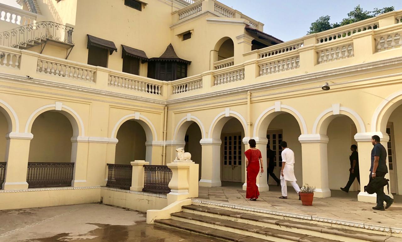 Congress general secretary Priyanka Gandhi Vadra and her son Rehan at Swaraj Bhawan in Prayagraj on Monday. Photo/ANI