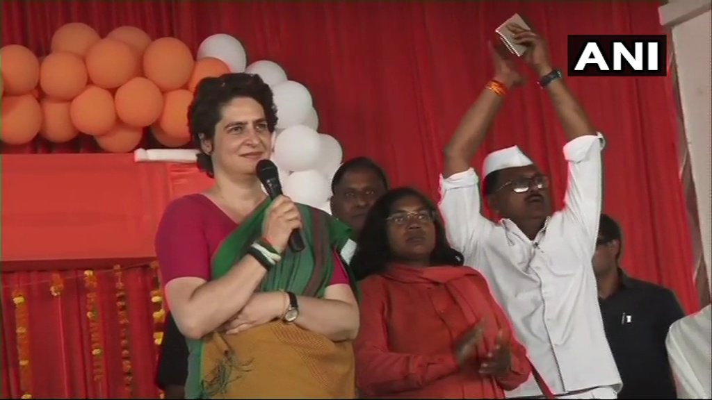 Congress leader Priyanka Gandhi Vadra speaking at a public meeting in Prayagraj, Uttar Pradesh, on Monday. Photo/ANI
