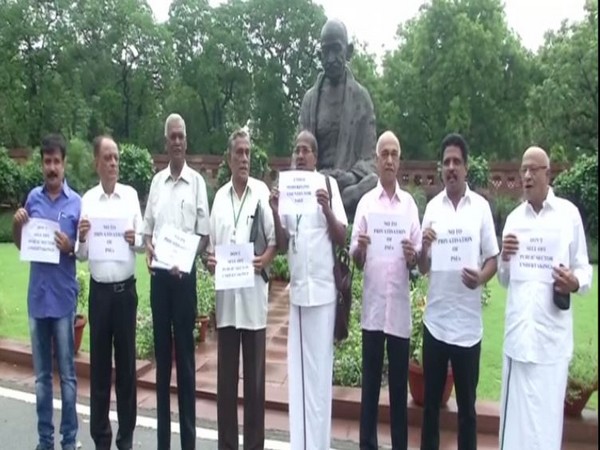 Opposition leaders hold protest at the Parliament on Wednesday. (Photo/ANI)