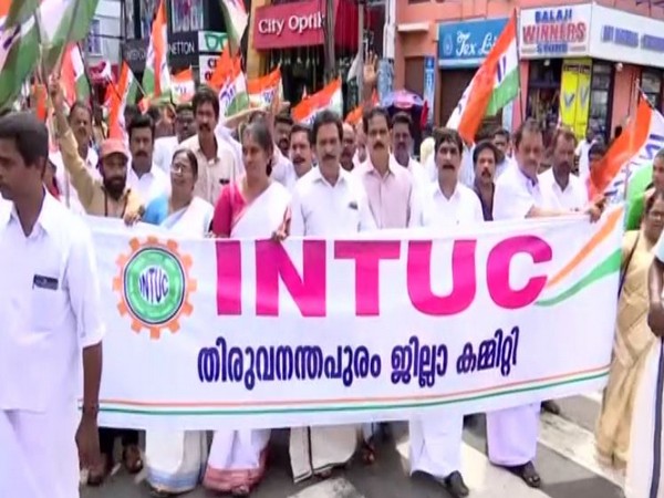 United Trade Unions stage a protest march against new labour bills in Trivandrum  on Friday