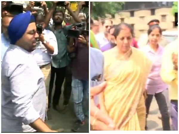 Depositors of Punjab and Maharashtra Cooperative held a protest outside the BJP office (Right) during the visit of Finance Minister Nirmala Sitharaman (Left). (Photo/ANI)