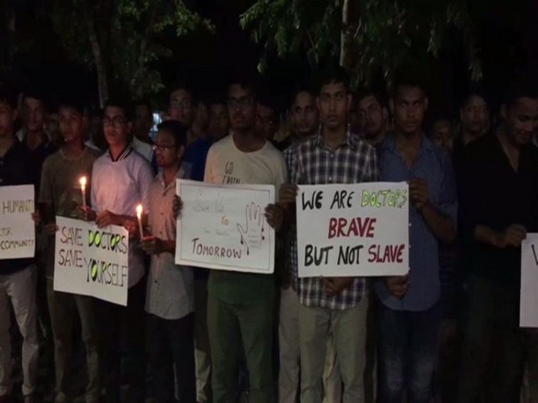 Visual from the protest carried out by junior doctors of Assam Medical College. Photo/ANI