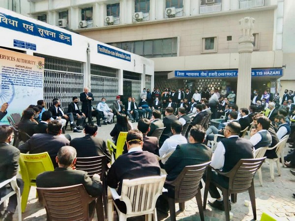 A visual from the protest meeting at Tis Hazari court complex on Tuesday. Photo/ANI