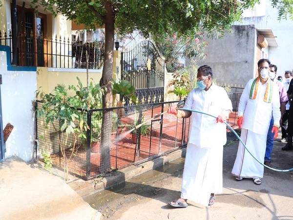 Puducherry Chief Minister participates in disinfection drive. Photo/ ANI