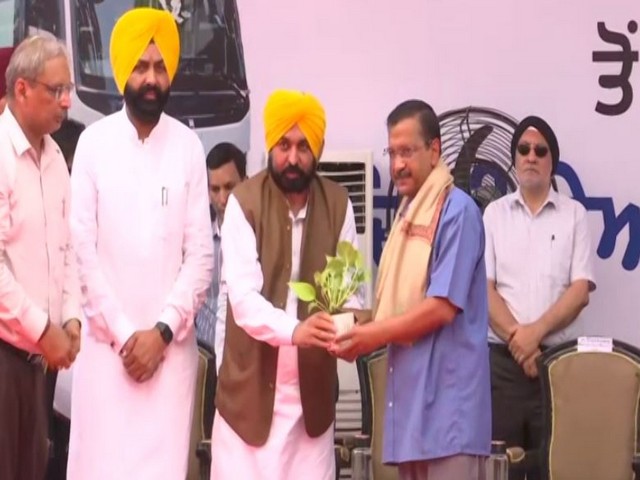 Punjab CM Bhagwant Mann and Delhi CM Arvind Kejriwal jointly flagged off Volvo bus services in Jalandhar, Punjab