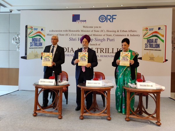 Union Minister Hardeep Singh Puri launching 'India at $5 Trillion - Strengthening Opportunities, Removing Hurdles' report in New Delhi on Thursday. Photo/ANI