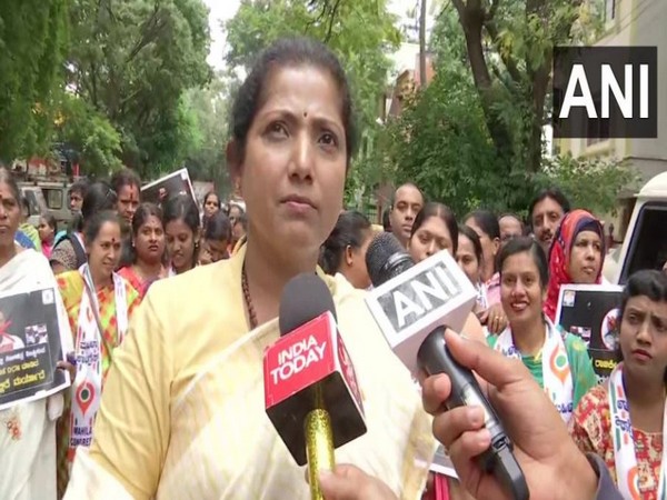 Congress leader Pushpa Amarnath during the protest on Saturday in Bengaluru. Photo/ANI