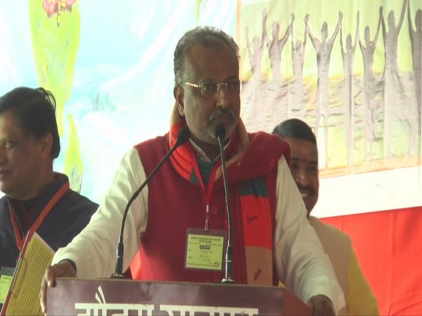 Uttar Pradesh Minister Raghuraj Singh addressing a public gathering in Aligarh, UP on Sunday. Photo/ANI
