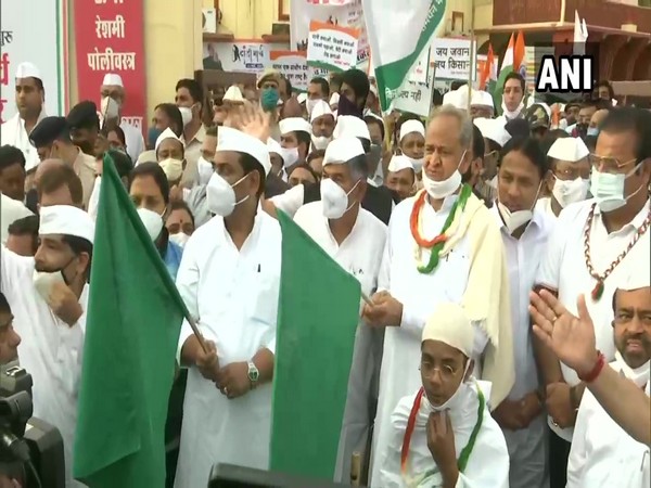 Rajasthan Chief Minister Ashok Gehlot flags off 'padayatra' to mark anniversary of Dandi March in Jaipur (Photo/ANI)