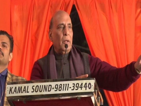 Union Defence Minister Rajnath Singh addressing a public meeting in Delhi on Thursday. Photo/ANI