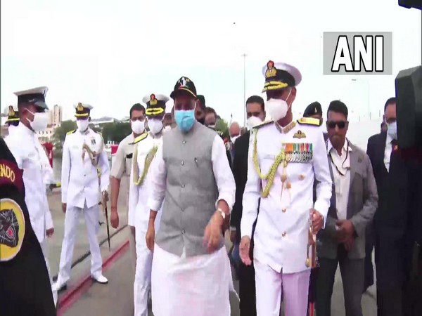 Visual of Rajnath Singh arriving at Commissioning ceremony of INS Visakhapatnam in Mumbai (Photo/ANI)