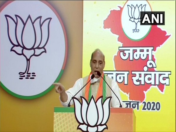 Defence Minister Rajnath Singh addresses Jammu and Kashmir Jan Samvad Rally in New Delhi. [Photo/ANI]