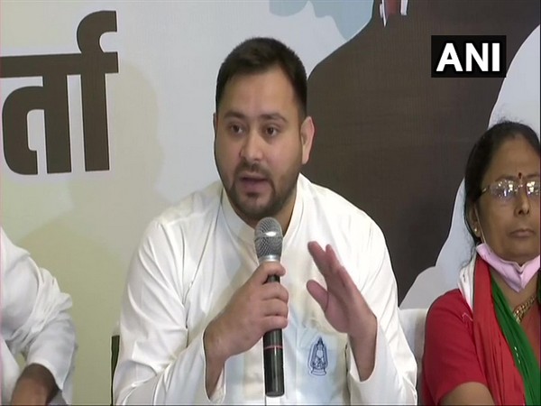 RJD leader Tejashwi Yadav during a press conference in Patna (Photo/ANI)