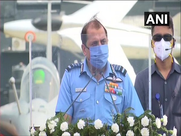 Air Force Chief Air Chief Marshal RKS Bhadauria speaking at the Rafale induction ceremony at IAF's Ambala airbase on Thursday. [Photo/ANI]