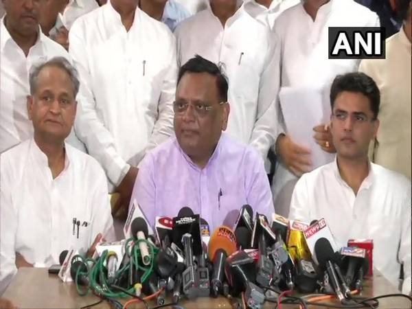 Rajasthan Pradesh Congress Committee (RPCC) members while speaking to media persons in Jaipur, Rajasthan on Wednesday. Photo/ANI