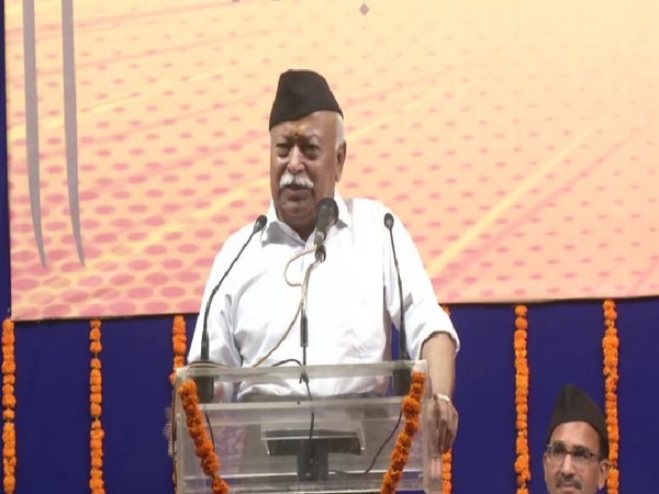 RSS Chief Mohan Bhagwat speaking at an event in Nagpur on Sunday. Photo/ANI